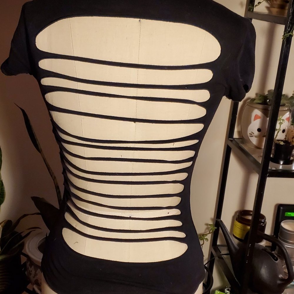 Retro 00's black punk goth emo shredded back shirt